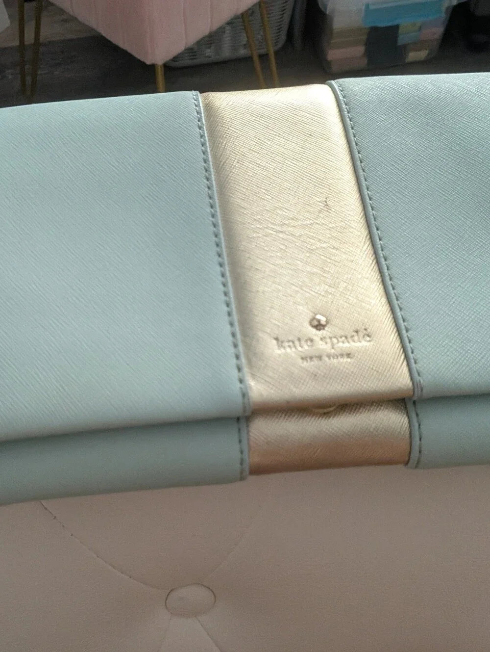 Kate Spade New York Aqua & Gold Saffiano Leather Envelope Crossbody Clutch